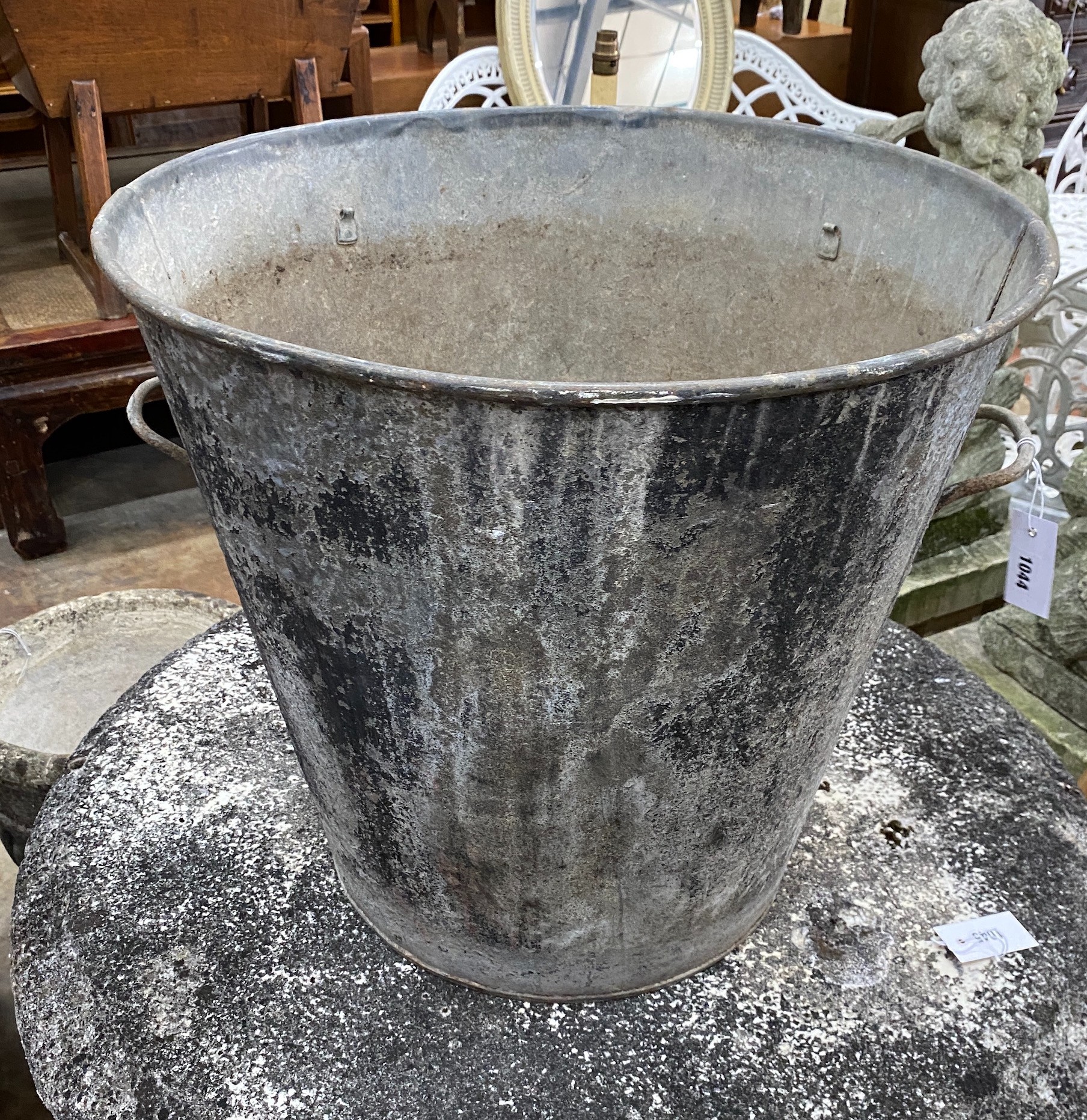 A vintage circular galvanised bucket, diameter 56cm, height 52cm